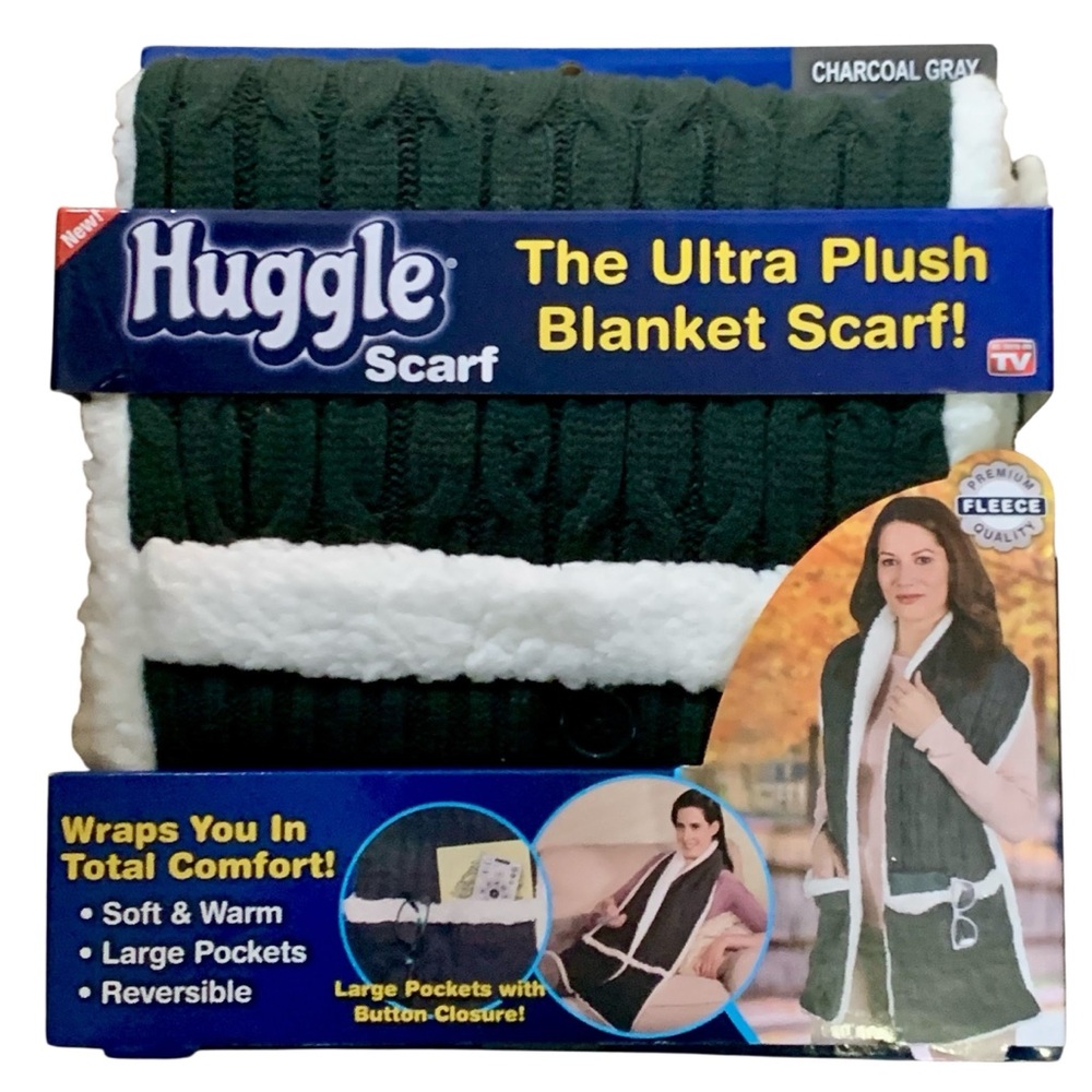 Plush Charcoal Grey & White Plush Reversible Blanket Scarf with Pockets - Picture 2 of 2